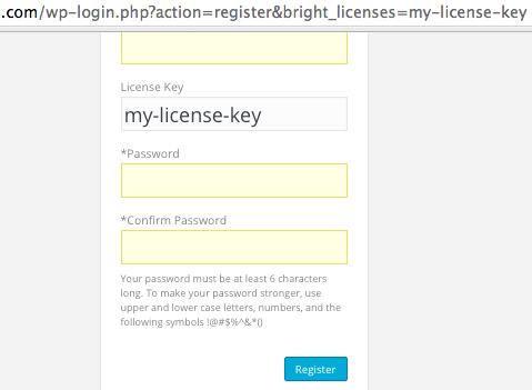 Direct linking of a license key field leads to a pre-populated license key during user registration.